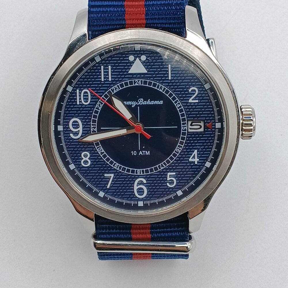 Tommy Bahama Island Scout Watch Bright Blue/Red Nylon Strap 42mm New Battery